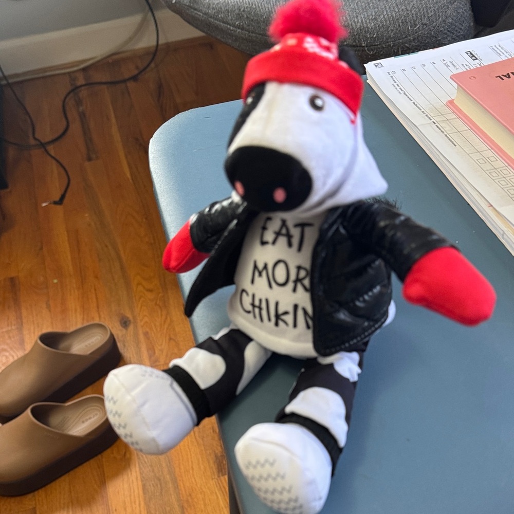 Plush Cow Doll with Red Hat and Black Jacket